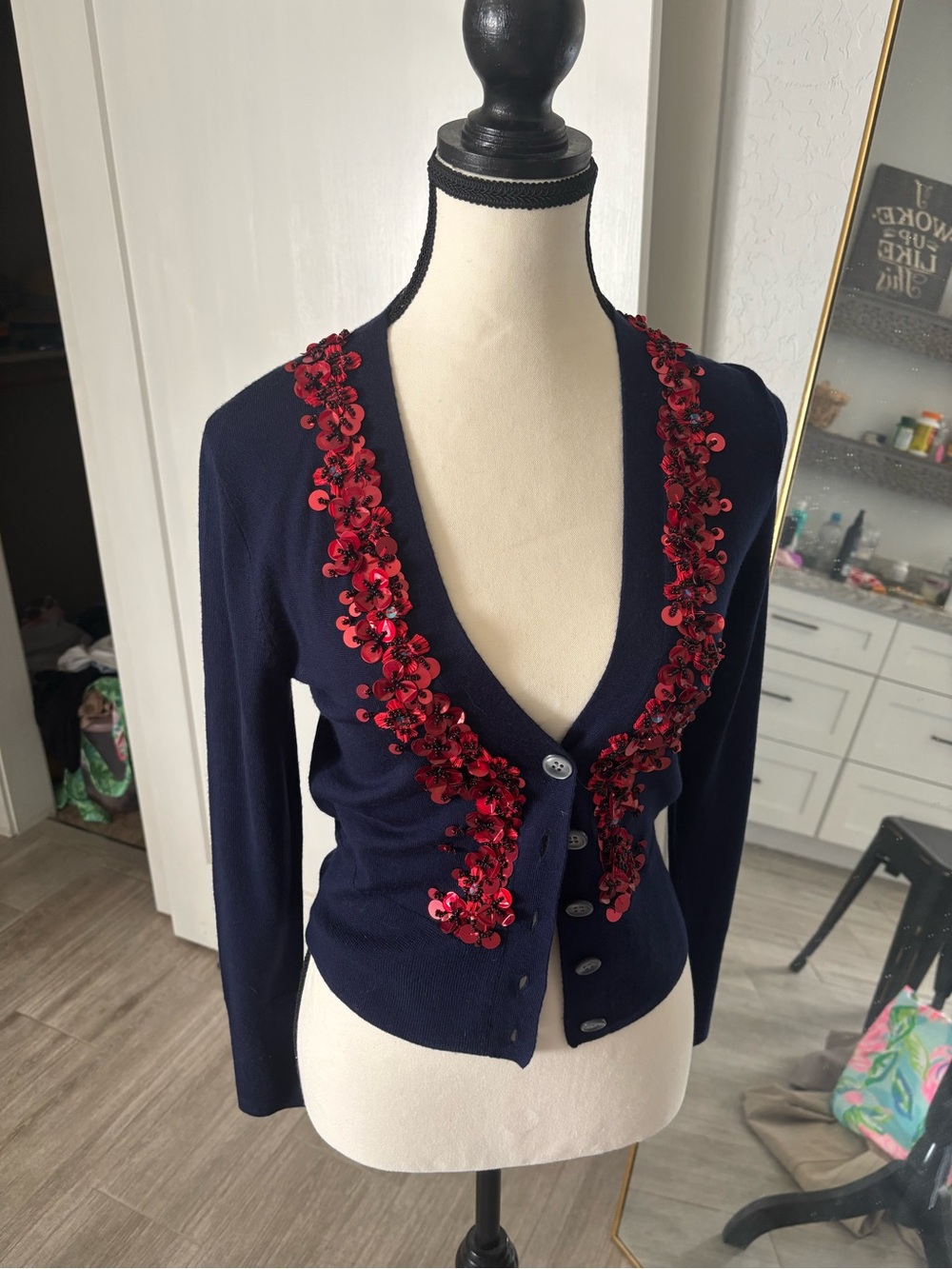 J. Crew Navy V-Neck Cardigan with Red Sequin Floral Trim